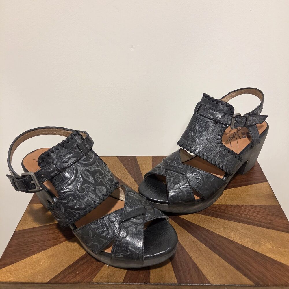 Patricia Nash Viola Black Tooled Leather Sandals Heels Rustic Sz 8.5M MRSP 169